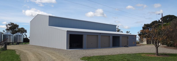 David Crawford’s super-strong Grant Sheds farm shed showing the lean-to side which houses smaller farm and family vehicles.
